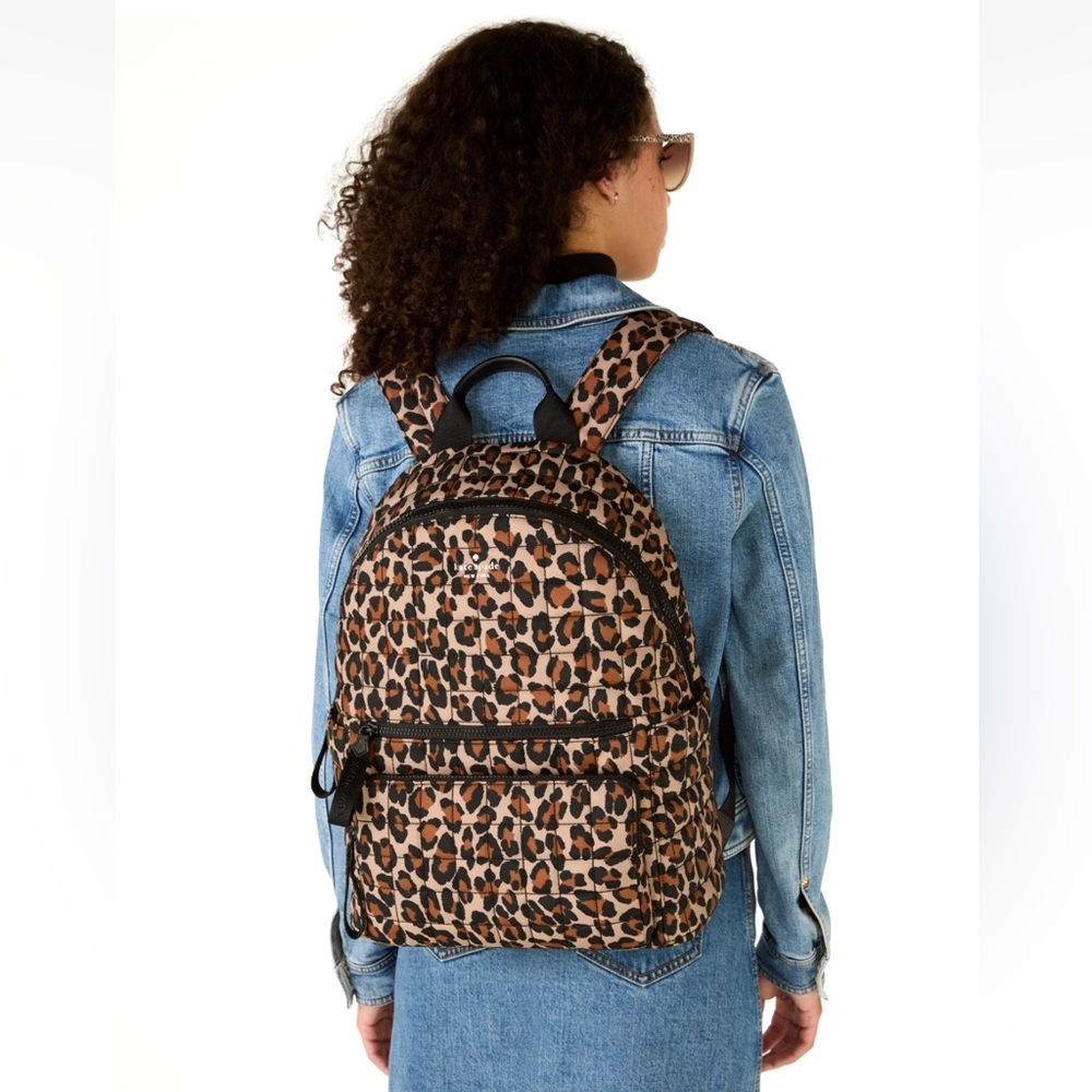 New Kate Spade Camden Quilted Large Leopard Backpack Brown Multi - Picture 2 of 5